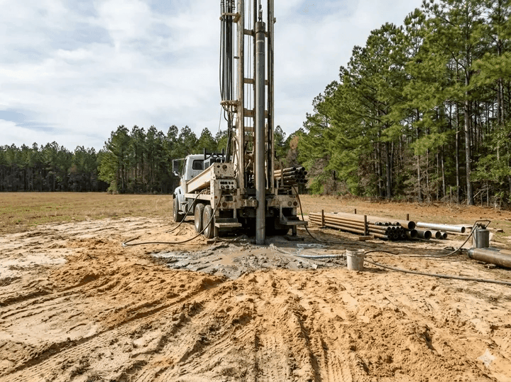 New residential water well drilling equipment on a Swainsboro job site